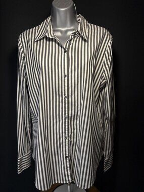 Worthington Button Up Collared Cuffed Long Sleeve Shirt Black White Striped (L)